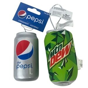 Pepsi & Mountain Dew Can Soft Christmas Holiday Novelty Food Ornaments NWT
